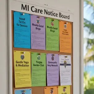 Magnetic Island Community Care notice board, we are now a not‑for‑profit charity supporting Island seniors.