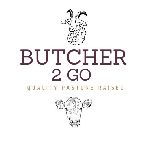 Logo for Butcher 2 Go featuring a goat head above the business name and a cow head below, with the tagline “Quality Pasture Raised.”