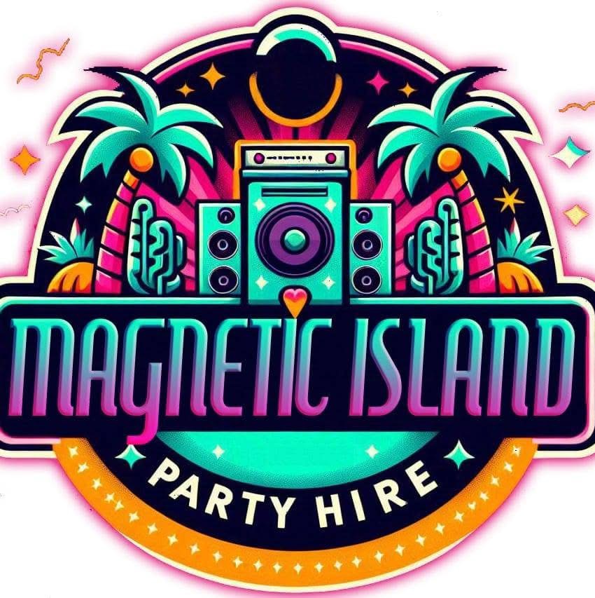 Logo for Magnetic Island Party Hire featuring a large central speaker with palm trees, cacti, and bright neon tropical colours.