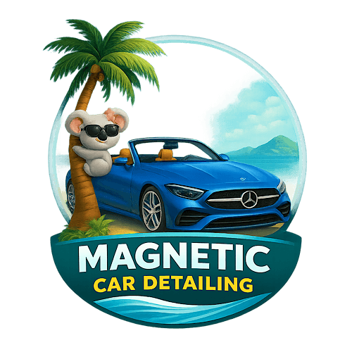 Logo for Magnetic Car Detailing featuring a koala wearing sunglasses leaning against a palm tree beside a blue Mercedes‑Benz convertible, with tropical ocean scenery in the background and the business name displayed below.