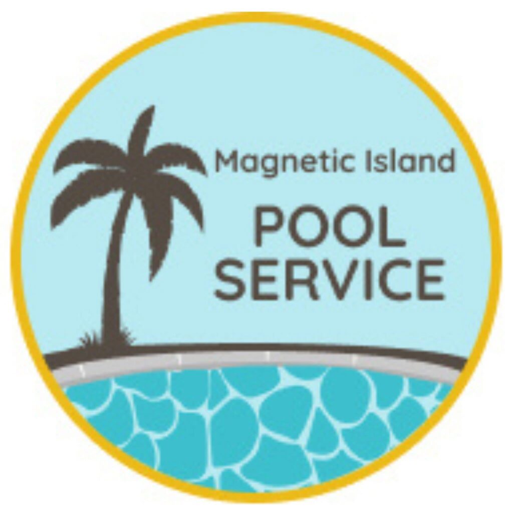 A clean, sparkling backyard pool surrounded by tropical greenery on Magnetic Island, with a technician from Magnetic Island Pool Service testing the water and checking equipment.