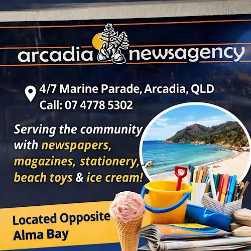 Square promotional image for Arcadia Newsagency showing its black and orange sign, address, phone number, and highlights of services such as newspapers, magazines, stationery, beach toys, and ice cream. Includes a small photo of Alma Bay and colourful beach and stationery items.