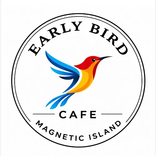 Circular logo for Early Bird Café featuring a colourful geometric bird in flight with the text “Early Bird Café Magnetic Island.”