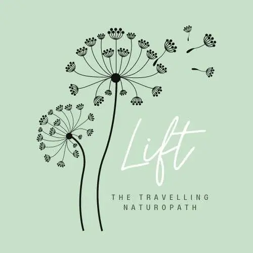 Logo for Lift – The Travelling Naturopath, featuring two stylised dandelions with seeds blowing across a soft green background.