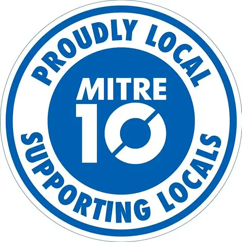 Circular Mitre 10 Magnetic Island logo in blue and white, featuring the words “Proudly Local” and “Supporting Locals” around the Mitre 10 emblem.