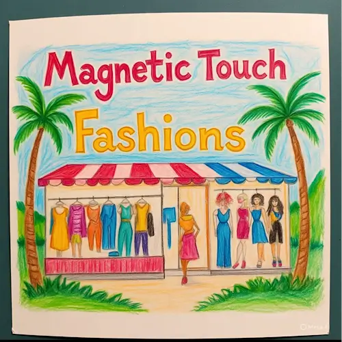 A colourful illustration of Magnetic Touch Fashions, a boutique with a striped awning, dresses displayed outside, mannequins in bright outfits, and palm trees framing the shop.