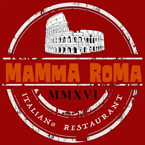 A circular red logo featuring an illustration of the Colosseum with the text “Mamma Roma,” “MMXVI,” and “Italian Restaurant.”