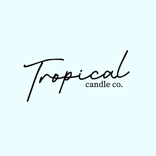 A minimalist light‑blue logo with the words “Tropical candle co.” in a modern cursive and sans‑serif font.