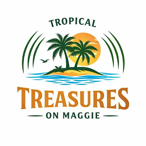A tropical‑themed logo featuring an island with palm trees, ocean waves, a setting sun, and the text “Tropical Treasures on Maggie.”